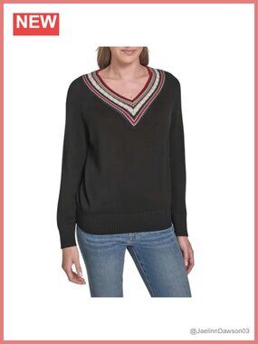 Tommy Hilfiger Women's Solid V-Neck Pullover Tipped Sweater